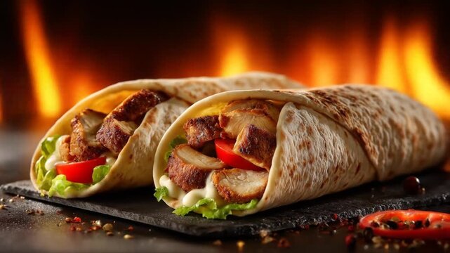 Delicious chicken wraps close up against the blurry fire background
