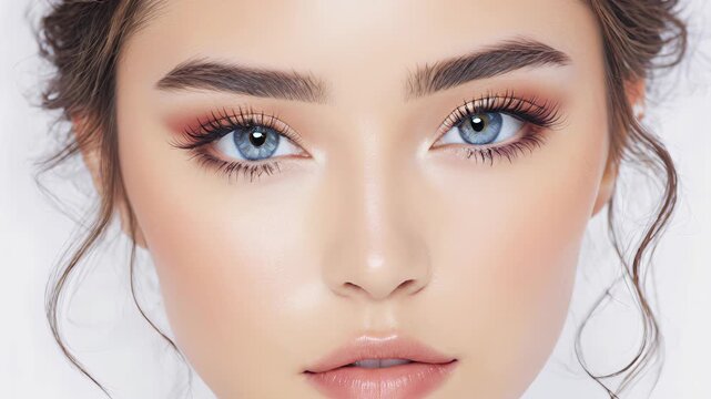 Captivating portrait of a young woman with striking blue eyes and natural makeup