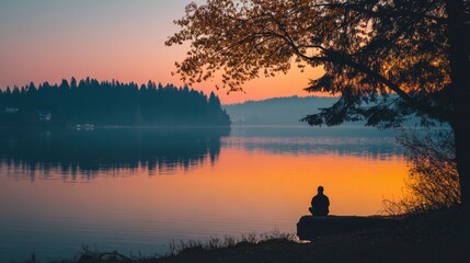 A person sitting on a rock in front of the lake at sunset, reflecting peacefully. The sun's light is reflected on the lake