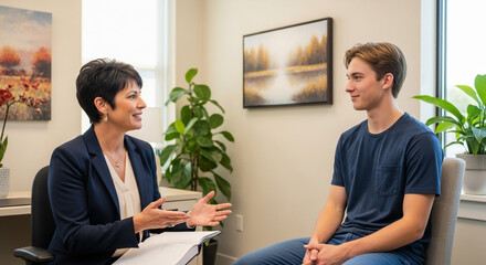 Professional mentor guides young man in modern office during insightful career counseling session