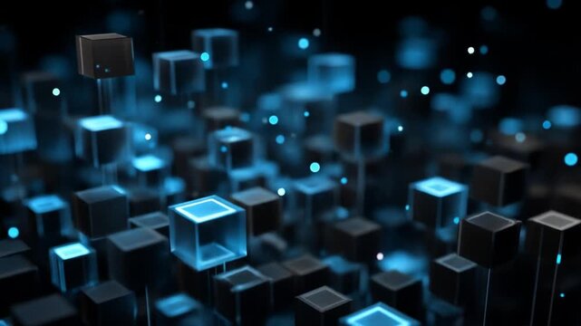 Abstract blue cubes floating with bokeh effect on a dark background