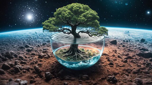 Unique concept of a tree growing in a glass container illuminated by cosmic elements