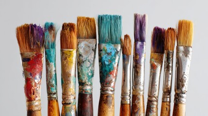 Fototapeta premium Colorful used paintbrushes displayed artistically on neutral background