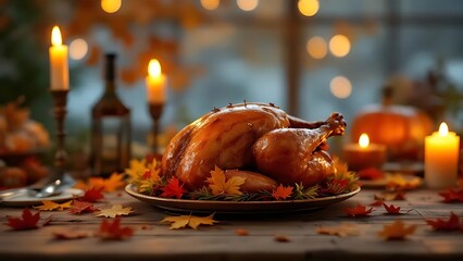 Delicious thanksgiving turkey dinner with candles and autumn leaves on a wooden table setting scene on transparent background