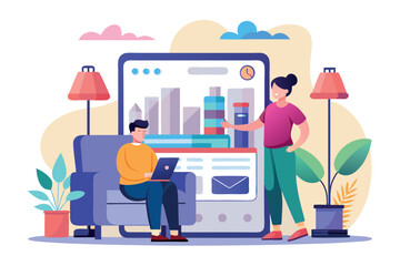 Vector art of man working on laptop with woman standing near him vector illustration