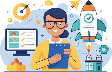 Vector art of businesswoman planning startup project and managing task to achieve success and meet deadline on time