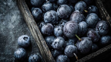 Fresh blueberries in rustic wooden basket arrangement