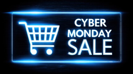 An illuminated sign for a Cyber Monday sale with a shopping cart icon, promoting deals and offers for online shoppers