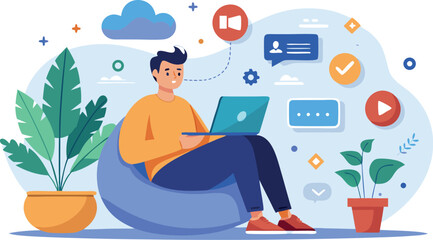 Vector art of man sitting in a beanbag chair working on a laptop with social media icons and plants around him