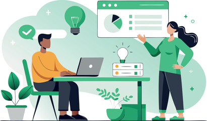Vector art of man working on laptop with woman presenting data on screen