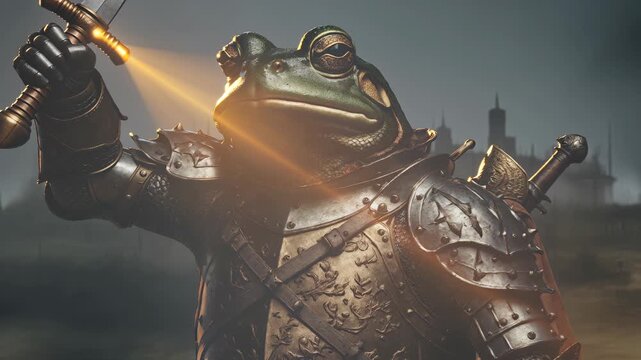 Fantasy frog knight stands ready for battle in detailed armor with a backdrop of dim light