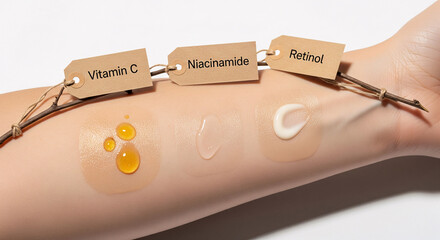 Skincare active ingredients comparison. Swatches showing the different cosmetic textures of Vitamin C, Niacinamide, and Retinol serums and cream on skin, labeled for a beauty science and dermatology