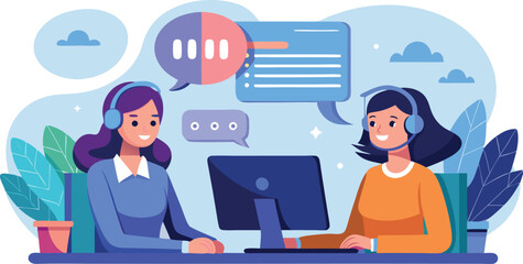 Vector art of two friendly female customer service representatives offering support