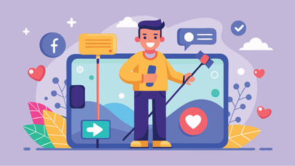 Vector art of a young man is creating content for social media