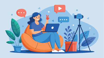 Vector art of a young woman is sitting on a beanbag chair and working on her laptop while recording a video blog