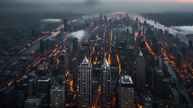 Skyline view of a city engulfed in mist showcasing towering skyscrapers and winding river