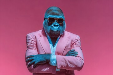 Cool gorilla in sunglasses and pink suit exudes confidence and style perfect for modern branding and creative projects