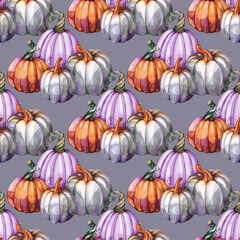 Seamless pattern rustic orange and grey pumpkins from the fall harvest as a festive holiday symbol. Farm healthy food. Decoration for Halloween,Thanksgiving. Watercolor clipart
