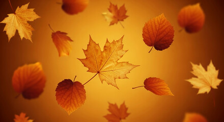 Fototapeta premium Falling autumn leaves, orange and brown hues, on an amber background, showcasing the beauty of fall, perfect for seasonal designs