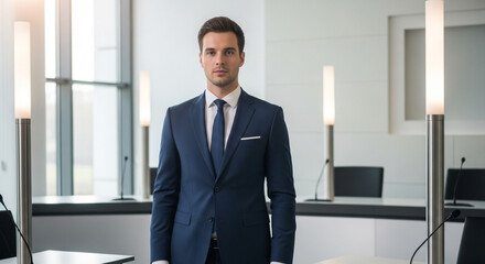 Fototapeta premium Confident professional man in sharp navy suit standing in modern conference room ready for important meeting