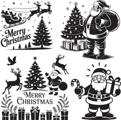 Vintage Black and White Christmas Santa Illustrations – Holiday Scenes with Reindeer, Tree, Gifts, and Festive Winter Elements