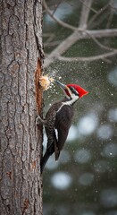 A large woodpecker with a striking red crest and dark plumage clings to a textured tree trunk, actively excavating wood chips in a natural forest setting.