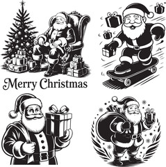 Vintage Black and White Santa Claus Christmas Illustrations – Holiday Scenes with Gifts, Tree, and Skateboard Santa