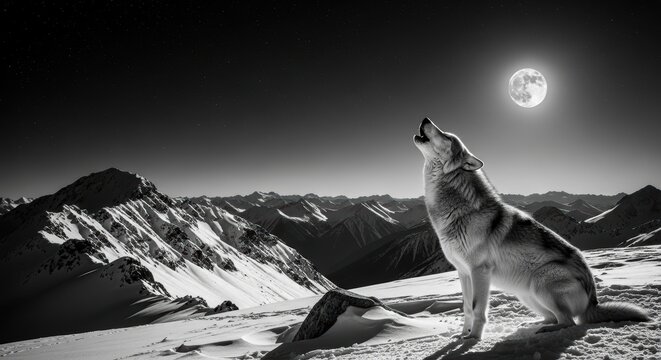 Majestic Wolf Howling Under a Bright Full Moon in a Snowy Mountain Landscape - Powered by Adobe