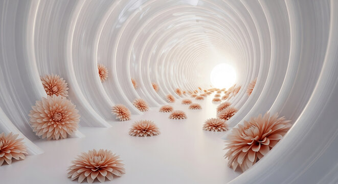 Abstract image of peach flowers in a white swirling tunnel, creating a serene and elegant pathway, symbolizing peace, journey, and growth