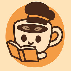 Coffee cup reading a book scholar barista cozy cafe study mascot icon