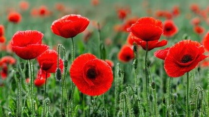 Obraz premium Vibrant red poppies in bloom surrounded by lush greenery