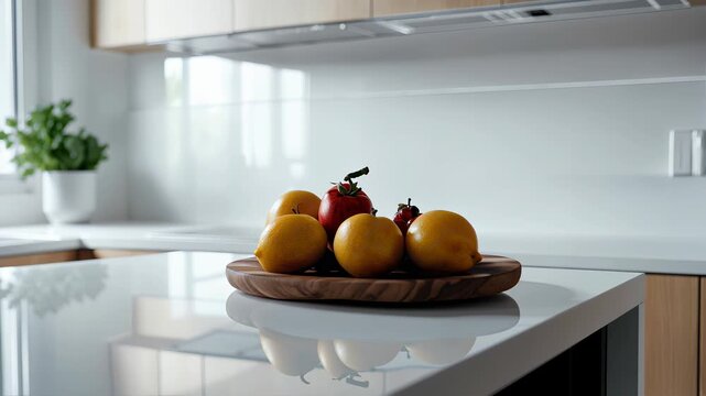 Charming modern kitchen with a marble countertop showcasing fresh fruits and a touch of greenery