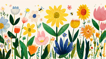 Colorful flower garden illustration featuring various blooms under a bright blue sky with gentle bees buzzing around the vibrant petals during a sunny spring day