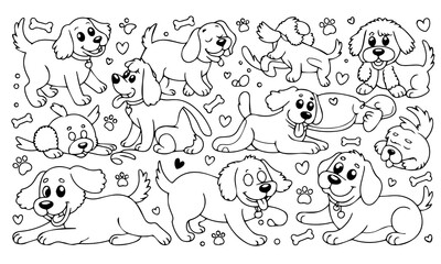 Doodle sketch line art animal dogs puppy characters hand drawn isolated set. Vector graphic design element illustration