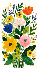 Bright and colorful flower bouquet illustration with diverse blossoms on a white background showcasing nature's beauty and vibrant colors