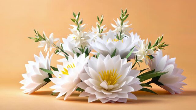 Bright white flowers in a minimalist arrangement against a soft orange backdrop showcasing natural elegance