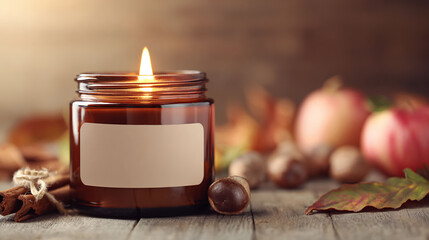 Warm candlelight fills the room with a cozy atmosphere, surrounded by apples, pinecones, and cinnamon sticks during a fall gathering