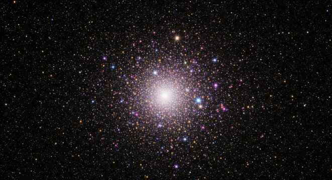 Dazzling globular star cluster explodes with vibrant light against the infinite blackness of deep space, inspiring wonder and awe.