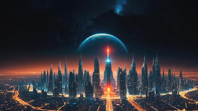 Futuristic city skyline illuminated by neon lights under a distant planet's glow at night