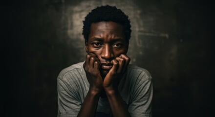 A very sad african american man looking to express despair and social issues. Concept for mental health, poverty, inequality, and human suffering.