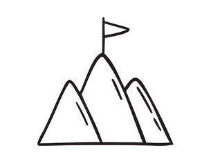Flag on top of mountain, mission concept doodle hand drawn icon. Outline drawing flag on top of mountain line clipart symbol