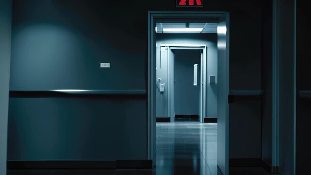 Dark hospital hallway illuminated by fluorescent lights at night with closed doors lining the walls