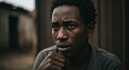 Young african man showing pensive expression with hand to chin. Concept of social issue, poverty, inequality, oppression.
