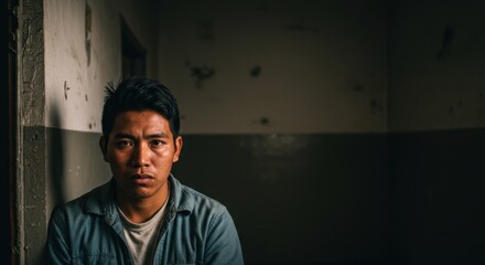 Obraz premium Young asian man looking serious with a gaze into the camera. Social issue concept for poverty, inequality, and human rights.