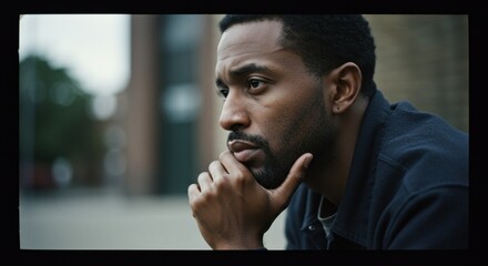 Thoughtful african american man with beard. Pensive adult male showing seriousness and trouble. Concept of social issue, poverty, inequality.