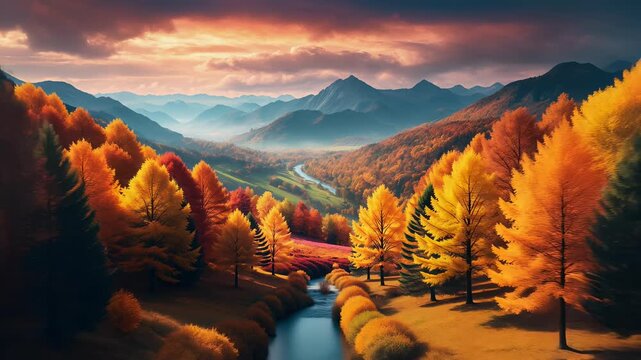 Scenic view of a vibrant autumn landscape with mountains and a winding river at sunset