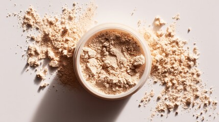 Translucent loose powder in a jar, with some spilled around