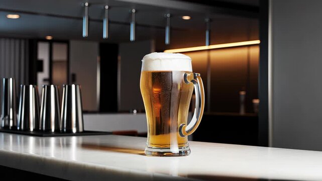 Refreshing cold beer served in a clear glass on a minimalist table with a light background