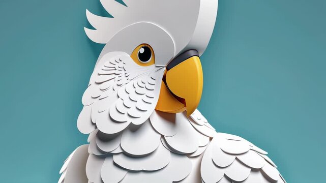Creative paper art showcases a white cockatoo with textured feathers and vibrant beak against a simple turquoise background