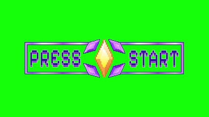 Retro Pixel Art Press Start Screen, featuring Neon Purple Text and a Shiny Gem Icon on a Green Background. Video Game UI, 8-bit Style Graphic - Powered by Adobe